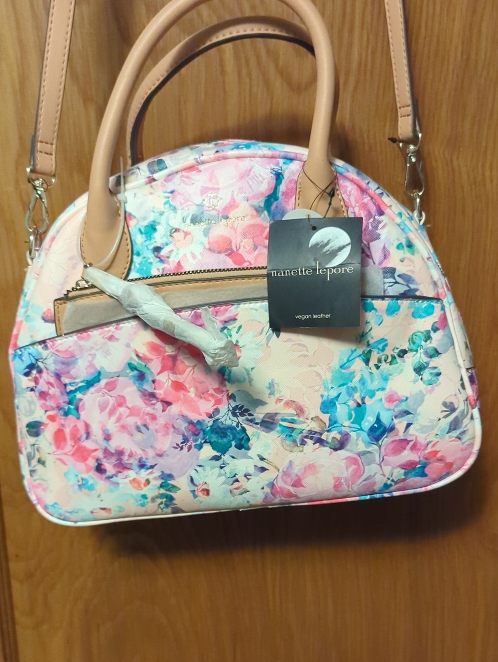 Nanette Lepore Multi-Color Floral Dome Satchel with Tan Trim, Vegan Leather.
